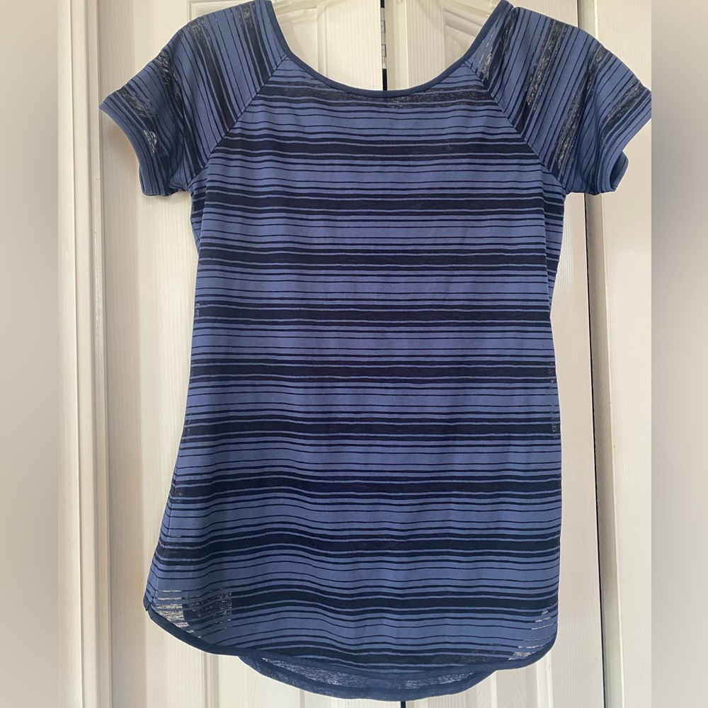 Athleta Blue Striped Short Sleeve Top
